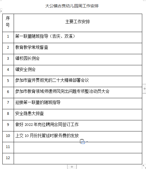大公镇古贲幼儿园第十一周工作安排 2022——2023学年度第一 学期