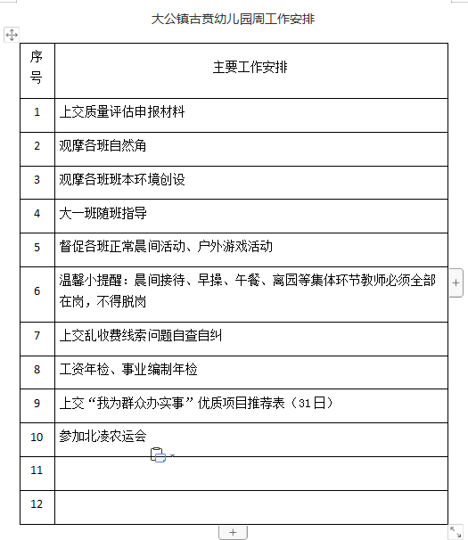 大公镇古贲幼儿园第九周工作安排 2022——2023学年度第一 学期